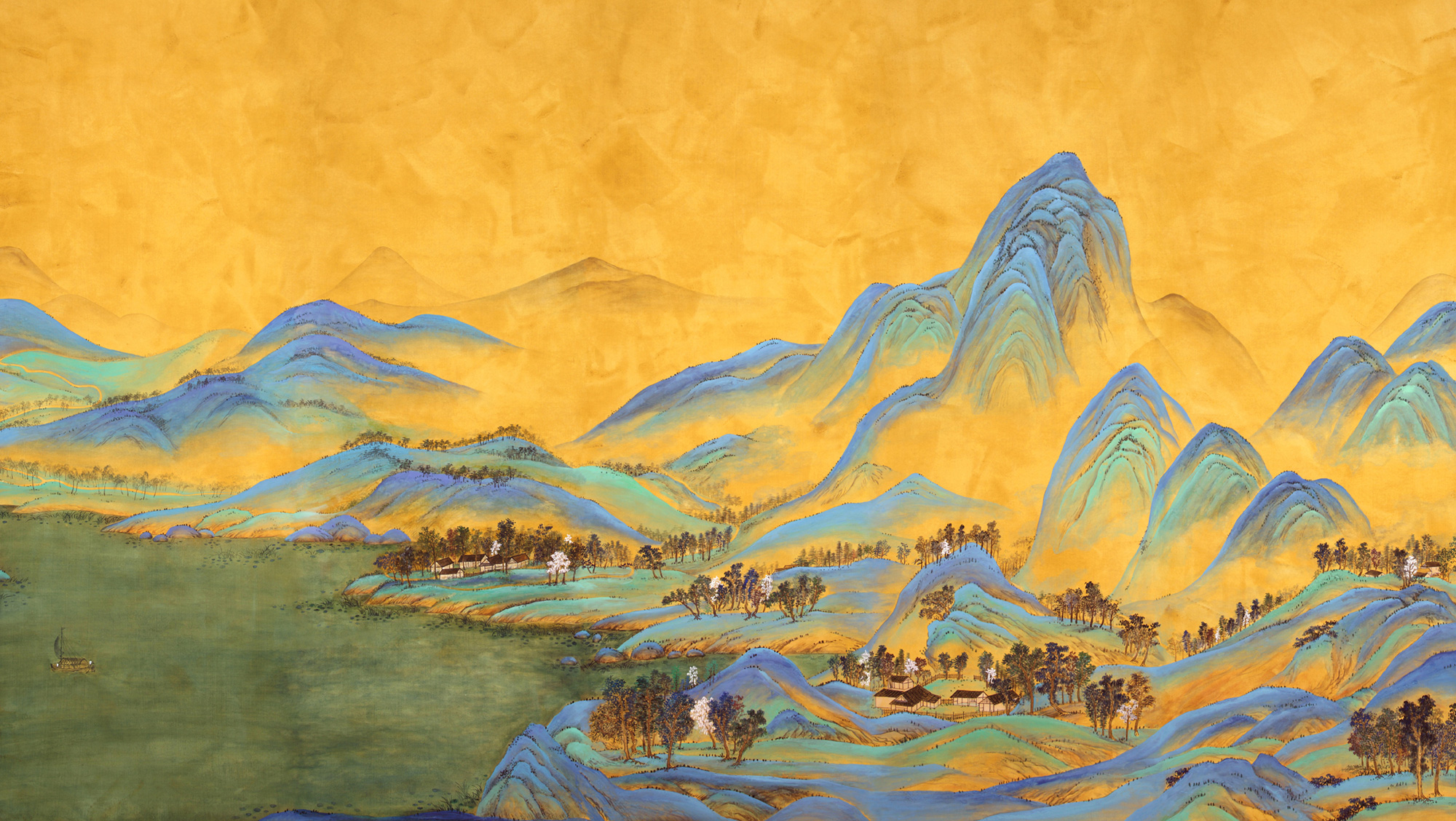 Обои ручная роспись A Thousand Li of Rivers and Mountains Original colourway on brown painted Xuan paper Обои ручная роспись A Thousand Li of Rivers and Mountains Original colourway on brown painted Xuan paper - постер Loft-Concept в Самаре