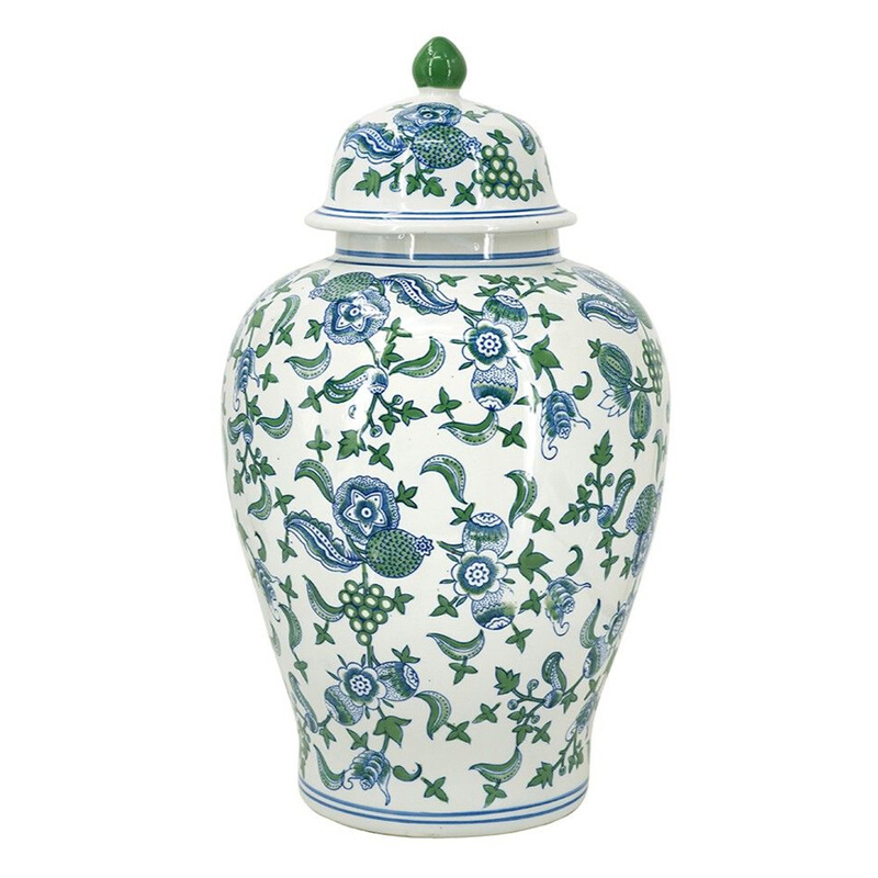 Ваза с крышкой и зелено-голубым цветочным узором на белом фоне Blue & White Ornament Белый Синий в Самаре | Loft Concept 