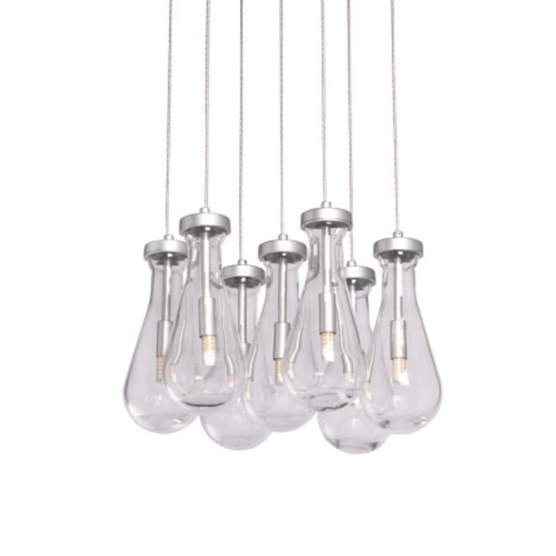 Люстра с 7-ю прозрачными плафонами из стекла в форме капли на круглом потолочном основании цвета хром Lucid Rain  Серебряный Прозрачный в Самаре | Loft Concept 