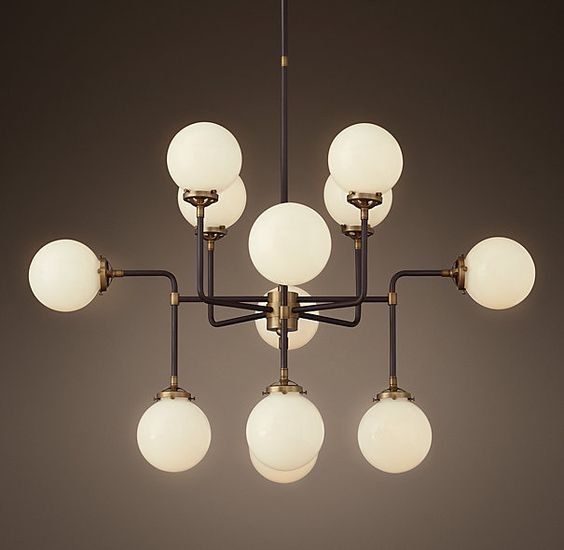 Люстра RH Bistro Globe Milk Glass 12-Light Chandelier Латунь Черный Белый в Самаре | Loft Concept 