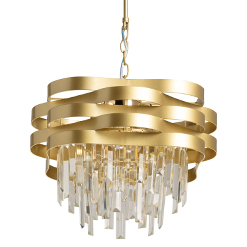 Люстра цвета матового золота с металлическими лентами и длинными прозрачными подвесками Gilded Waves Золотой Прозрачный в Самаре | Loft Concept 