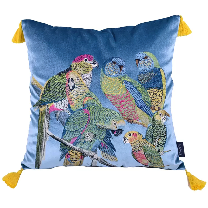 Декоративная подушка с вышивкой Embroidery Parrots Pillow Blue Голубой Мульти в Самаре | Loft Concept 