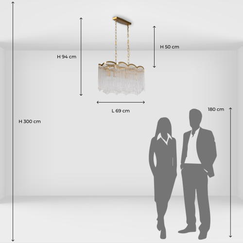 Люстра прямоугольная на цепях с прозрачными трубками и волнистым краем Nembus в Самаре