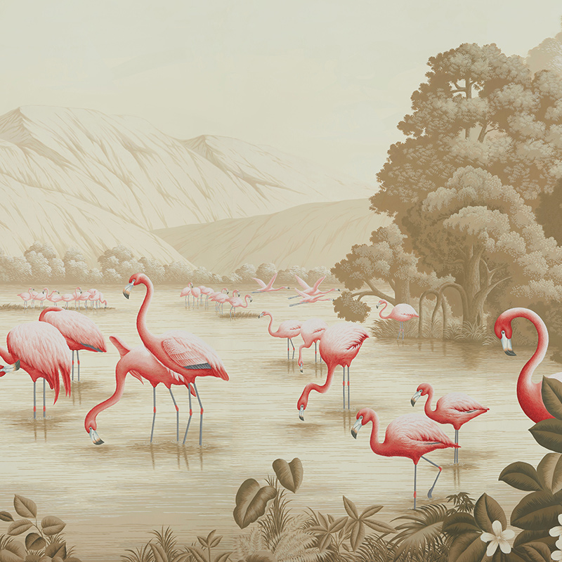 Обои ручная роспись Flamingos Flamingo on Sepia scenic paper  в Самаре | Loft Concept 