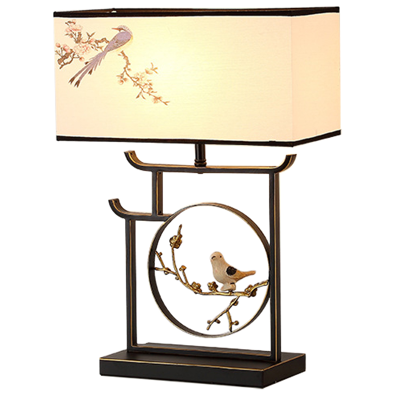 Настольная лампа с абажуром Bird Chinese Style Modern Table Lamp Черный Бежевый Золотой в Самаре | Loft Concept 