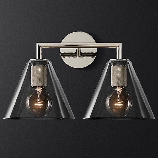 Бра RH Utilitaire Funnel Shade Double Sconce Silver Прозрачное Стекло Никель в Самаре | Loft Concept 