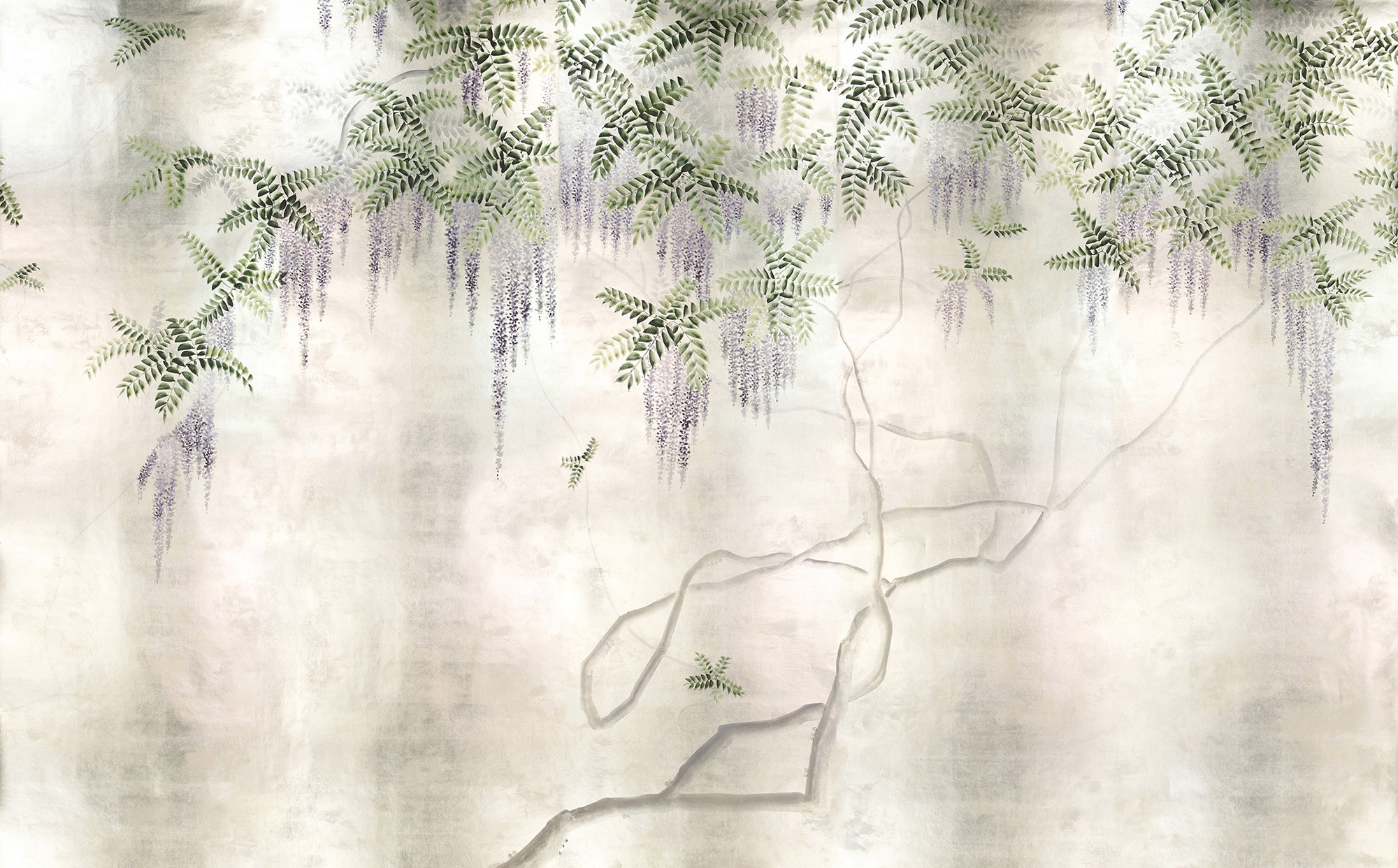 Обои в японском стиле Wisteria Lavender on White Metal gilded paper with pearlescent antiquing Обои в японском стиле Wisteria Lavender on White Metal gilded paper with pearlescent antiquing - постер Loft-Concept в Самаре