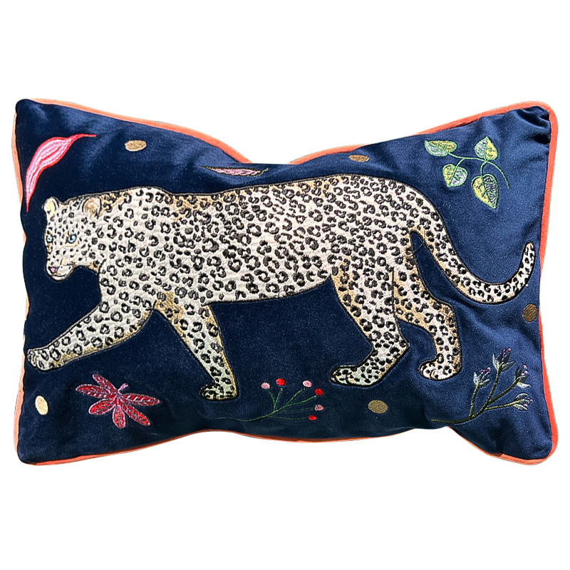 Декоративная подушка с вышивкой Panther Embroidery Cushion Темно-синий Мульти в Самаре | Loft Concept 