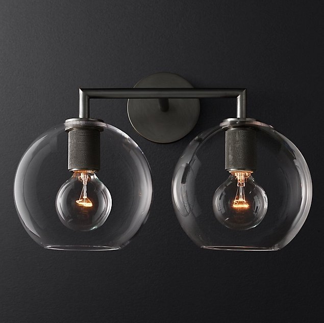 Бра RH Utilitaire Globe Shade Double Sconce Black Прозрачное Стекло Темная бронза в Самаре | Loft Concept 