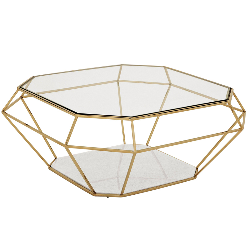 Кофейный стол Eichholtz Coffee Table Asscher Золотой Прозрачный Белый Мрамор Bianco в Самаре | Loft Concept 