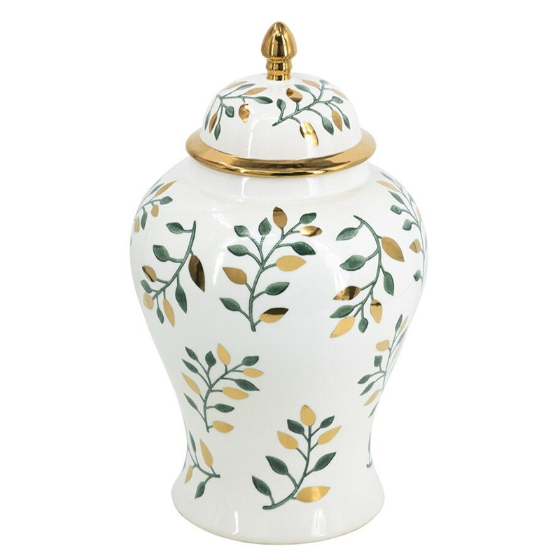 Ваза белая с крышкой с рисунком зеленых и золотых листьев 48 см Chinoiserie Ceramics Белый Зеленый Золотой Ваза белая с крышкой с рисунком зеленых и золотых листьев 48 см Chinoiserie Ceramics Белый Зеленый Золотой в Самаре | Loft Concept
