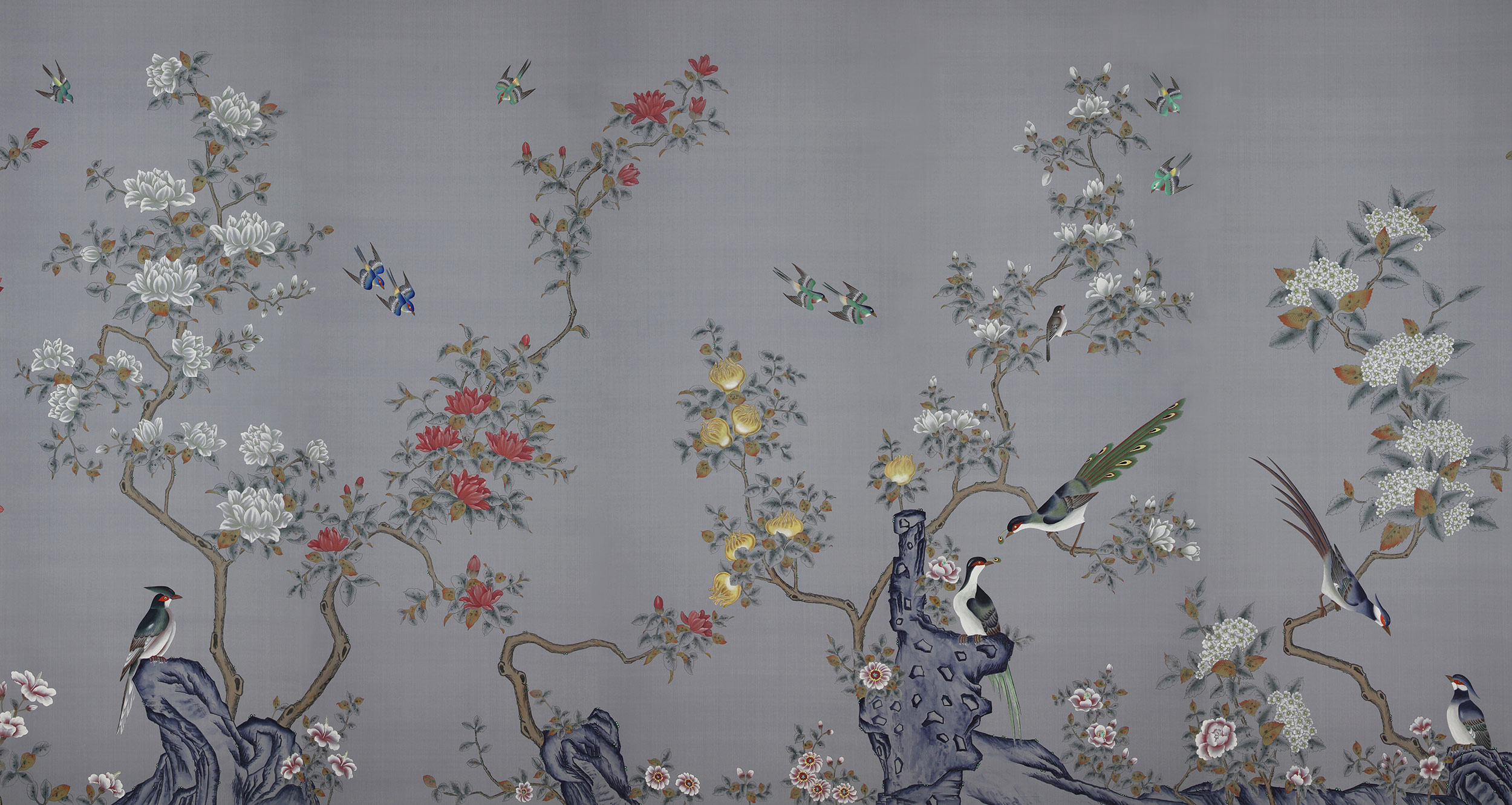 Обои ручная роспись Japanese Garden Original colourway on Gun Metal dyed silk Обои ручная роспись Japanese Garden Original colourway on Gun Metal dyed silk - постер Loft-Concept в Самаре