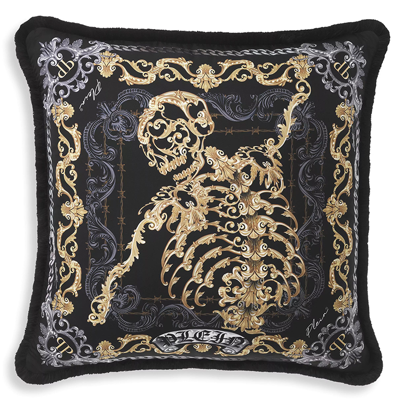 Подушка Philipp Plein Cushion Silk Skeleton 70 x 70 cm Черный Золотой Серый в Самаре | Loft Concept 