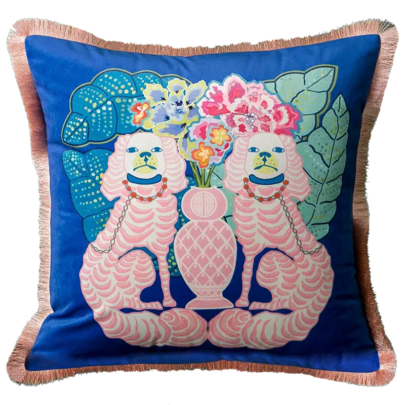 Декоративная подушка Two Pink Dogs on Blue Cushion Синий Розовый Мульти в Самаре | Loft Concept 