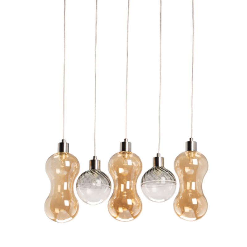 Люстра с 3-мя плафонами волнообразной формы цвета янтарь и 2-мя прозрачными шарообразными плафонами Lucid Rain  Черный Прозрачный Янтарный в Самаре | Loft Concept 