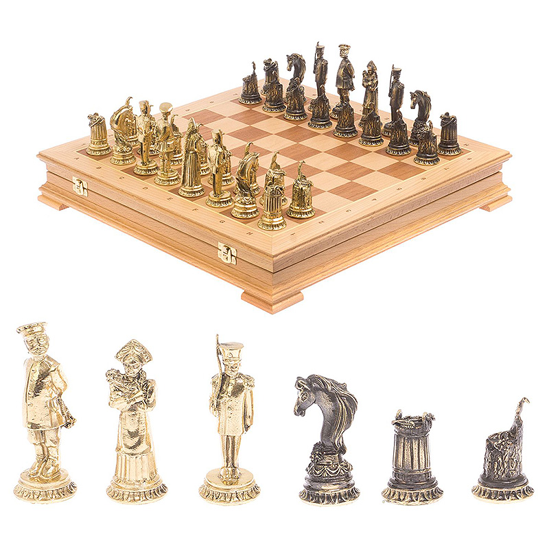 Шахматы из бронзы в ларце из натурального бука Decorative Thematic Chess  Бронза Золотой Коричневый в Самаре | Loft Concept 