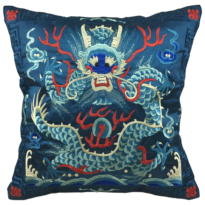 Декоративная подушка с вышивкой Chinese Dragon Blue Мульти Синий в Самаре | Loft Concept 