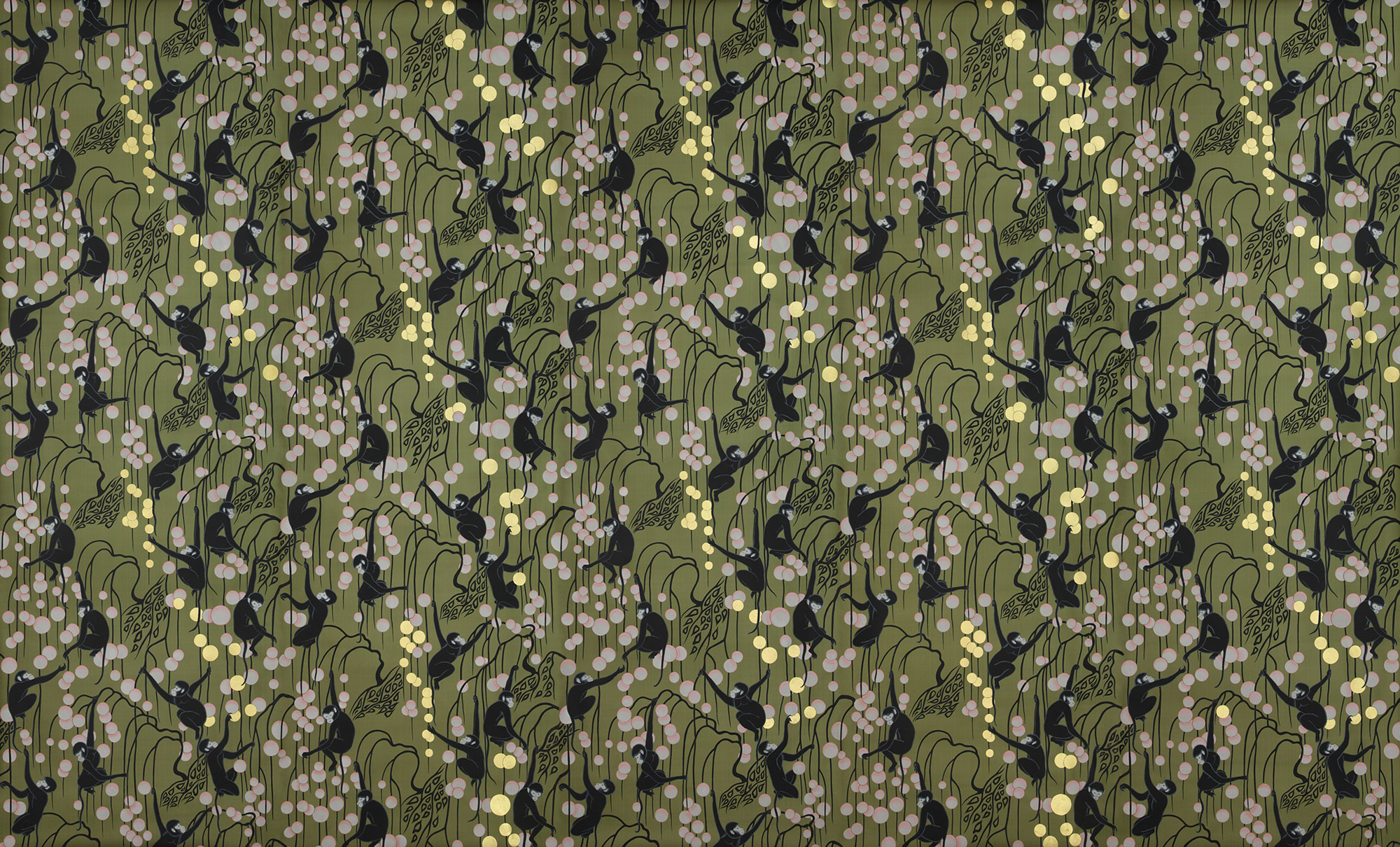 Обои ручная роспись Deco Monkeys Special Colourway on Olive dyed silk Обои ручная роспись Deco Monkeys Special Colourway on Olive dyed silk - постер Loft-Concept в Самаре