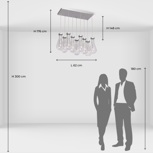 Люстра с 9-ю прозрачными плафонами из стекла в форме капли на прямоугольном потолочном основании цвета хром Lucid Rain  в Самаре