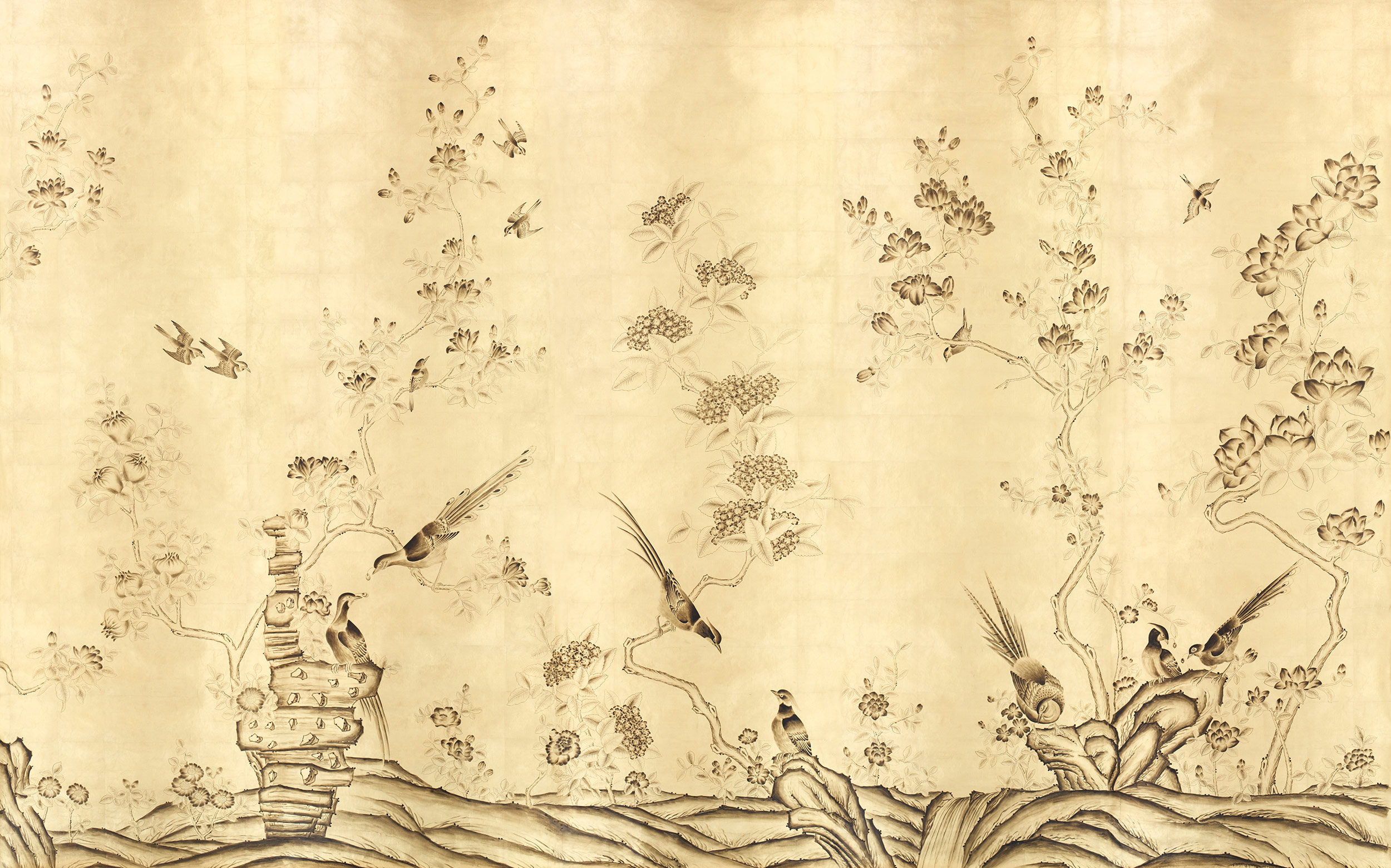 Обои ручная роспись Japanese Garden Dark Lacquer on Deep Rich Gold gilded silk Обои ручная роспись Japanese Garden Dark Lacquer on Deep Rich Gold gilded silk - постер Loft-Concept в Самаре