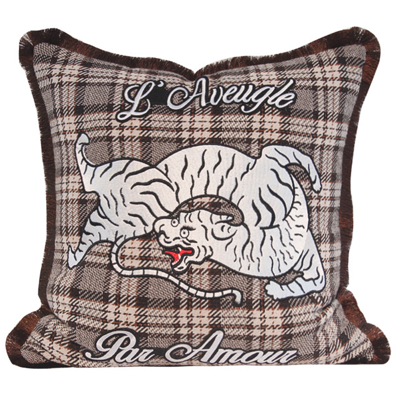 Декоративная подушка с вышивкой Стиль Gucci Plaid Print Tiger Cushion Коричневый Бежевый Красный Декоративная подушка с вышивкой Стиль Gucci Plaid Print Tiger Cushion Коричневый Бежевый Красный в Самаре | Loft Concept