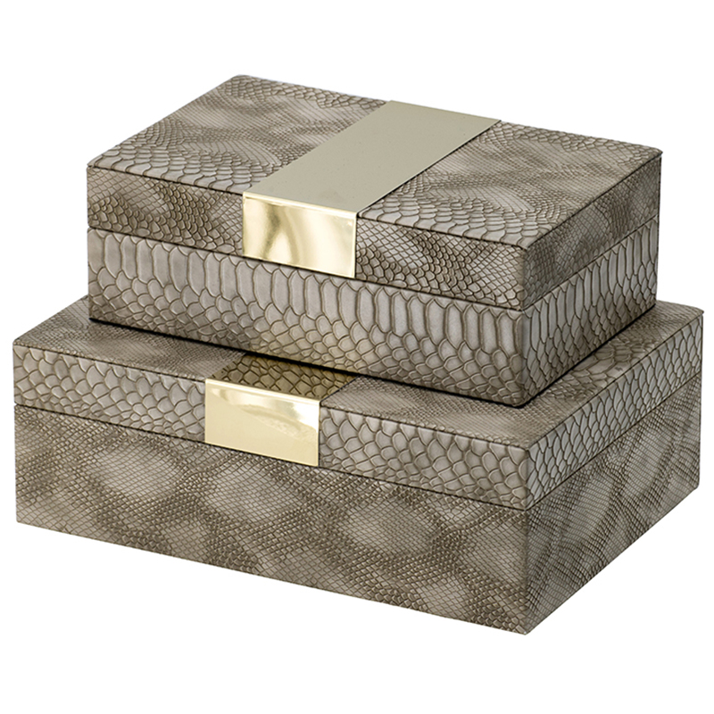 Комплект шкатулок Imitation Snakeskin Boxes Бежево-серый Глянцевое золото в Самаре | Loft Concept 