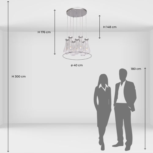 Люстра с 7-ю прозрачными плафонами из стекла в форме капли на круглом потолочном основании цвета хром Lucid Rain  в Самаре