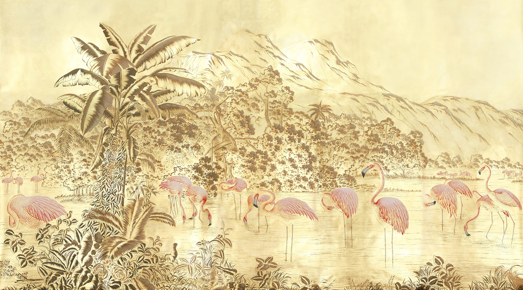 Обои ручная роспись Flamingos Flamingo on Deep Rich Gold gilded paper Обои ручная роспись Flamingos Flamingo on Deep Rich Gold gilded paper - постер Loft-Concept в Самаре