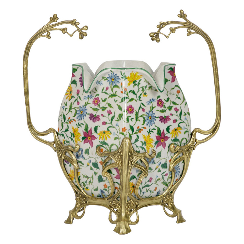 Ваза белого цвета из фарфора с ярким цветочным узором и бронзовыми ручками в виде ветвей Eden Garden porcelain and bronzeм Белый Бронза Мульти в Самаре | Loft Concept 
