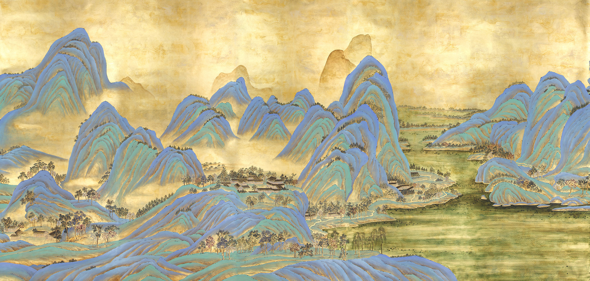 Обои ручная роспись A Thousand Li of Rivers and Mountains Original colourway on Deep Rich Gold gilded paper with gold pearlescent antiquing Обои ручная роспись A Thousand Li of Rivers and Mountains Original colourway on Deep Rich Gold gilded paper with gold pearlescent antiquing - постер Loft-Concept в Самаре