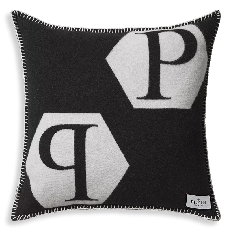 Подушка Philipp Plein Cushion Cashmere PP Logo 65 x 65 Black Черно-белый в Самаре | Loft Concept 