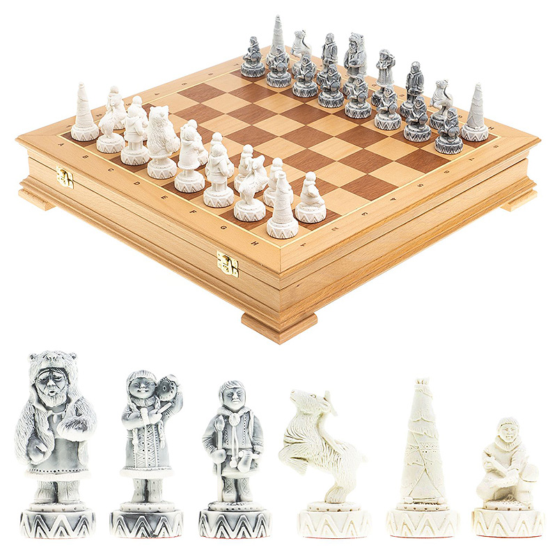 Шахматы Северные народы в ларце из натурального бука Decorative Thematic Chess  Белый Серый Оранжевый Коричневый в Самаре | Loft Concept 