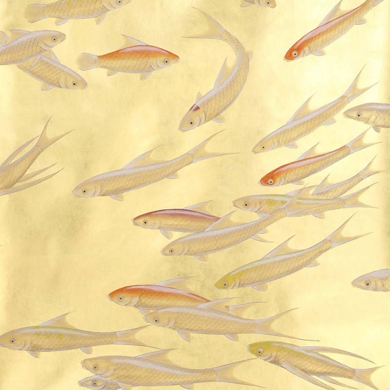 Обои ручная роспись Fishes Koi on Deep Rich Gold gilded paper  в Самаре | Loft Concept 