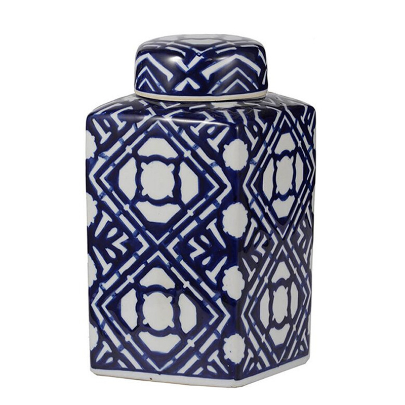 Ваза прямоугольной формы с крышкой и геометрическим узором в сине-белых цветах Blue & White Ornament  Белый Синий в Самаре | Loft Concept 