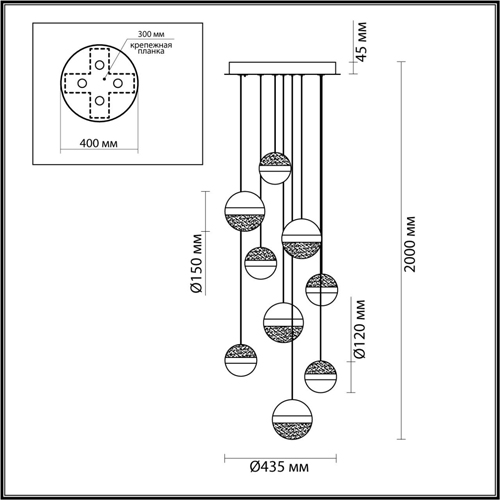 Люстра каскадная с 9-ю подвесами бронза и никель Peggy Futura lamp в Самаре