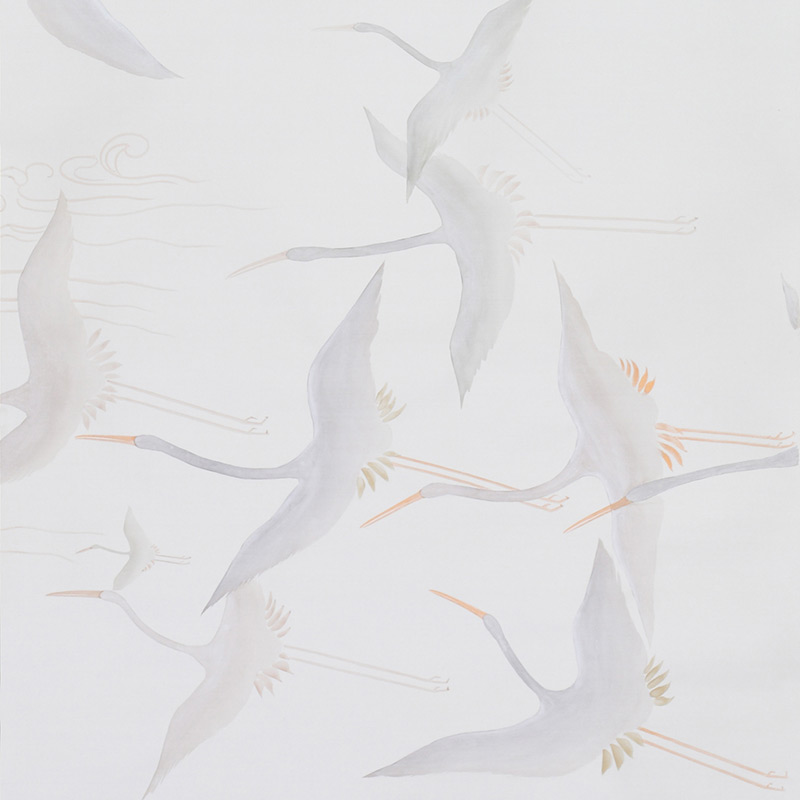 Обои ручная роспись Cranes Scroll Original colourway on Natural Mica metallic silk Обои ручная роспись Cranes Scroll Original colourway on Natural Mica metallic silk в Самаре | Loft Concept