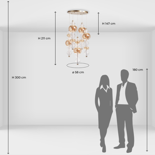 Люстра с плафонами из прозрачного и янтарного стекла в виде шаров и ромбов Gabriel Scott Luna в Самаре