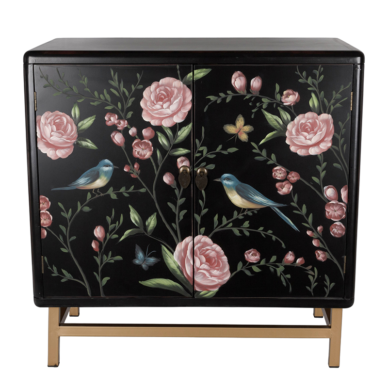 Комод с росписью птицы и цветы Black Chest Of Drawers Peonies Черный Черный Золотой Мульти в Самаре | Loft Concept 