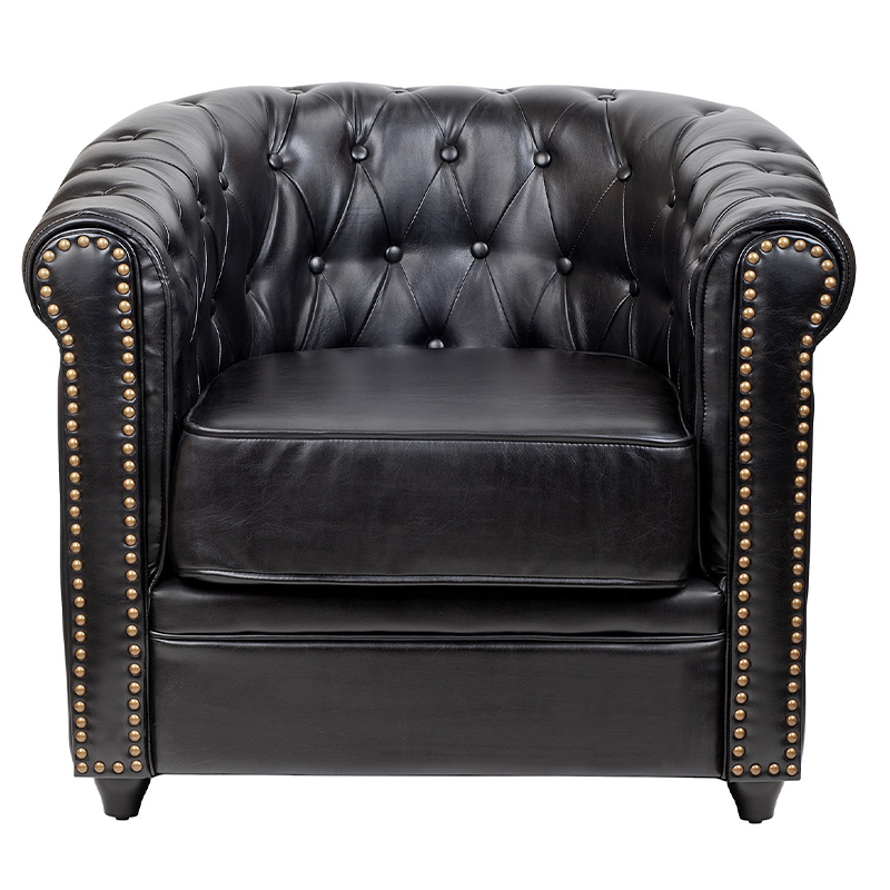 Кресло кожаное с мягкими подлокотниками на 4-х деревянных ножках Logan Leather Armchair black Черный в Самаре | Loft Concept 