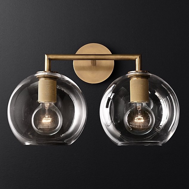 Бра RH Utilitaire Globe Shade Double Sconce Brass Прозрачное Стекло Латунь в Самаре | Loft Concept 