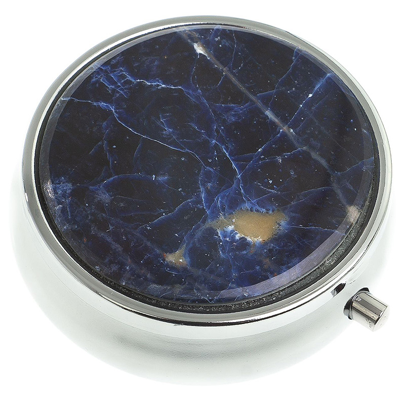 Таблетница карманная круглая с 3-мя отделениями с зеркалом и накладкой из натурального камня Содалит Silver Stone Pillboxes Темно-синий Серебряный в Самаре | Loft Concept 