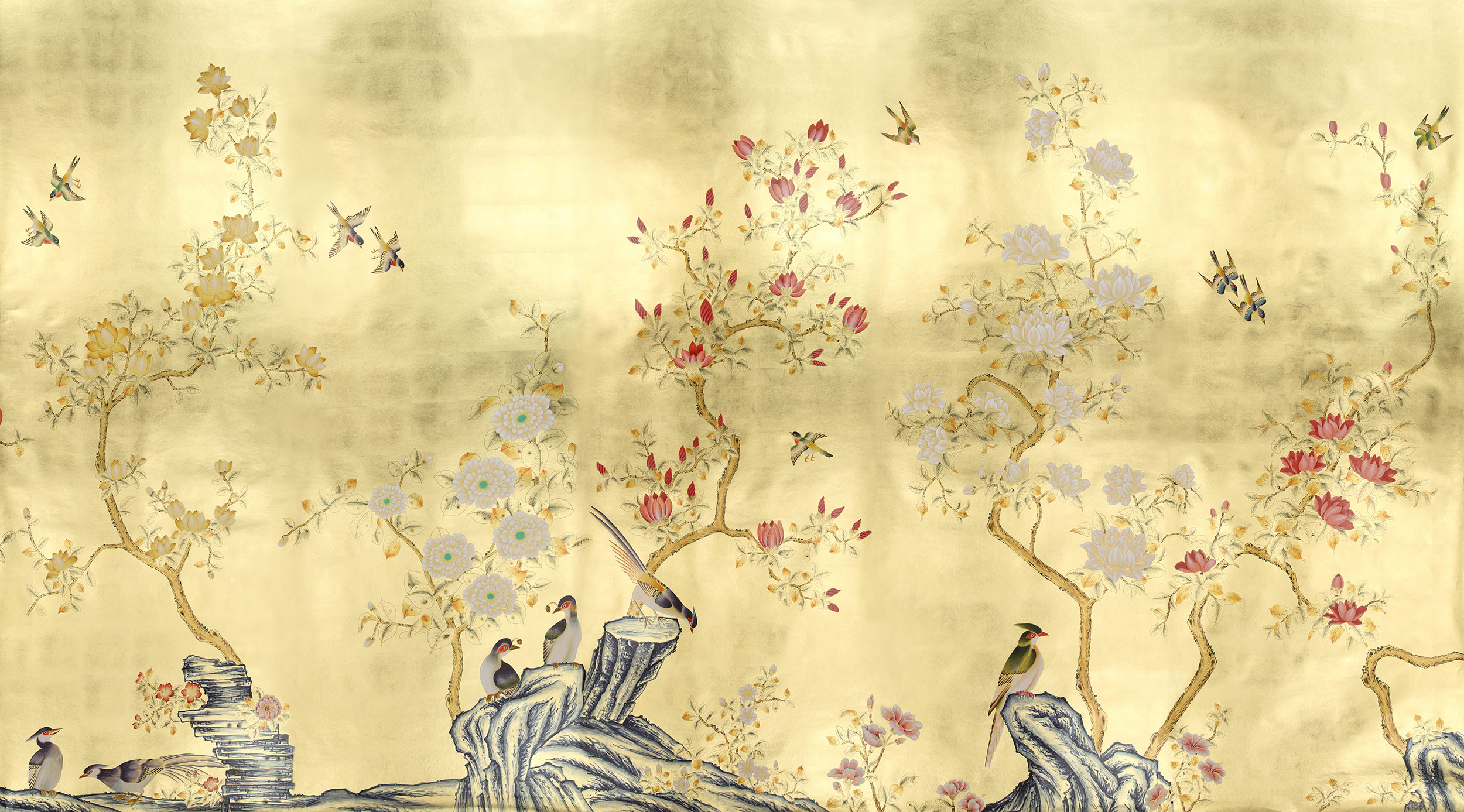 Обои шинуазри Japanese Garden Original colourway on Deep Rich Gold gilded paper Обои шинуазри Japanese Garden Original colourway on Deep Rich Gold gilded paper - постер Loft-Concept в Самаре
