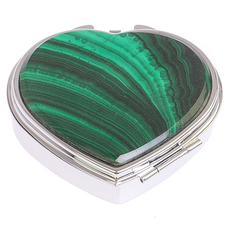 Таблетница карманная в форме сердца с 3-мя отделениями с зеркалом и накладкой из натурального камня Малахит Silver Stone Pillboxes Малахит Серебряный в Самаре | Loft Concept 