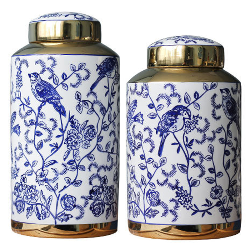 Вазы Ceramic Oriental Blue Ornament Birds Vases Синий Белый Золотой в Самаре | Loft Concept 