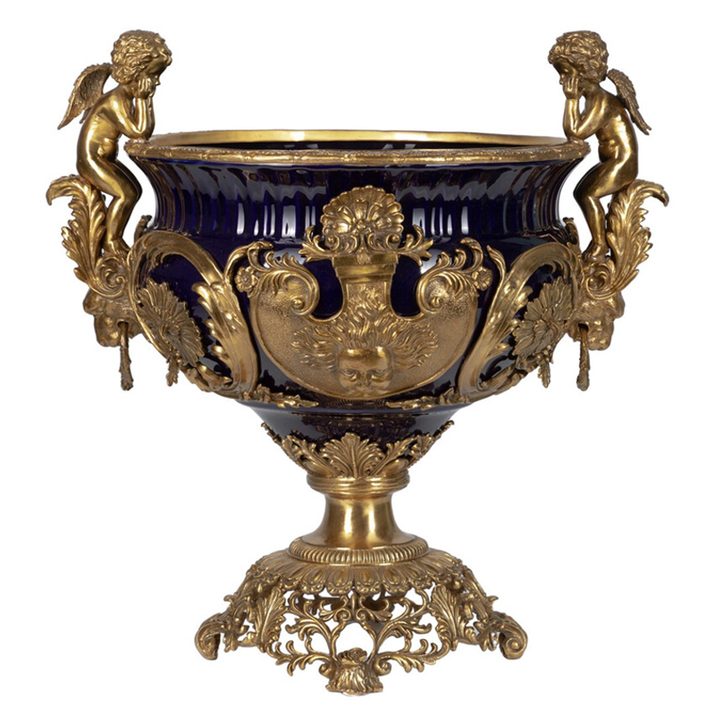 Чаша темно-синего цвета с фигурками ангелов и рельефным декором Eden Garden porcelain and bronze Темно-синий Бронза Чаша темно-синего цвета с фигурками ангелов и рельефным декором Eden Garden porcelain and bronze Темно-синий Бронза в Самаре | Loft Concept