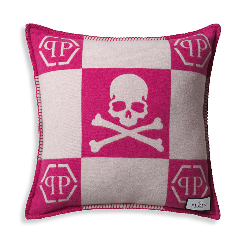 Подушка Philipp Plein Cushion Cashmere Skull 45 x 45 Pink Розовый Белый в Самаре | Loft Concept 