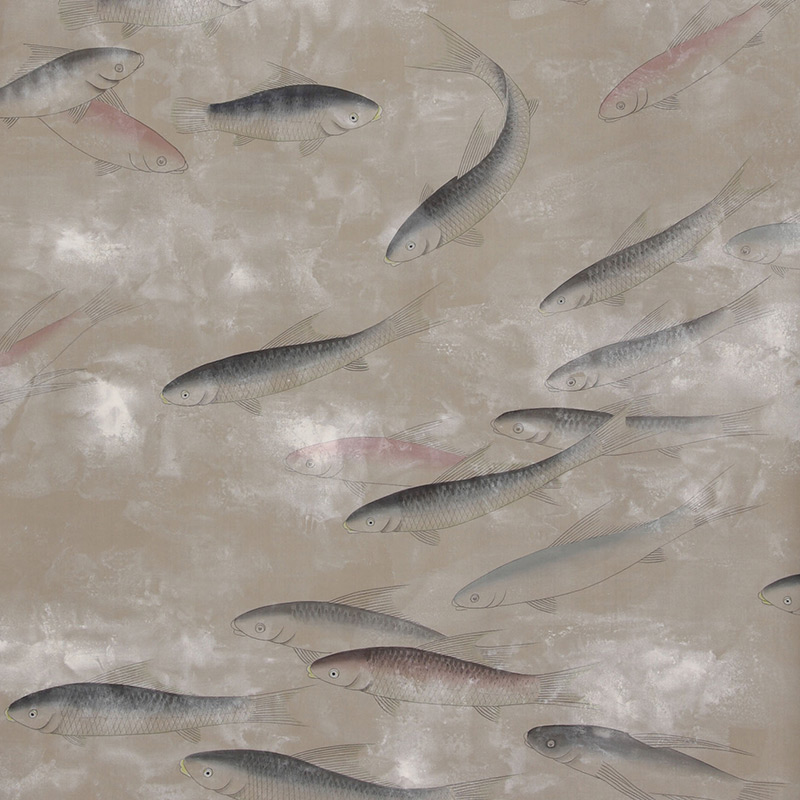 Обои ручная роспись Fishes Blue Pearl on Lead Grey dyed silk with antiquing  в Самаре | Loft Concept 