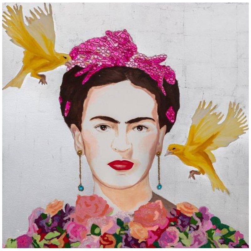 Картина Frida with Yellow Flying Parakeets, Flower Bouquet Dress and Silver Leaf Background Мульти в Самаре | Loft Concept 
