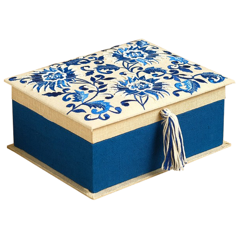 Шкатулка с вышивкой Blue Flowers Beads Embroidery Box Бежевый Синий Голубой в Самаре | Loft Concept 