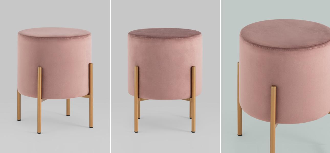 Пуф круглый пыльно-розовый велюр золотые ножки Sanjay Velour - фото